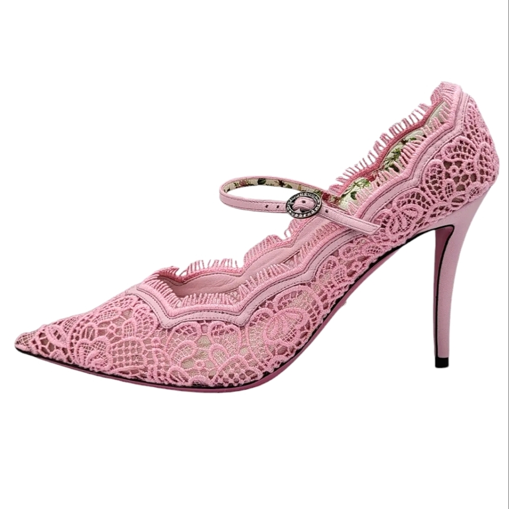 Gucci Virginia Crystal Embellished Corded Lace Mary Jane Pumps Pale Pink 40.5 - Picture 2 of 14